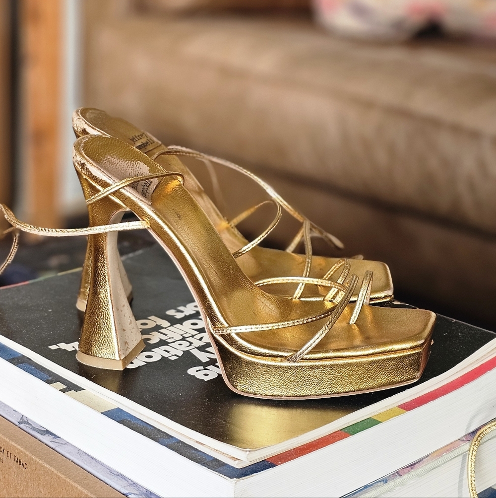 Jeffrey Campbell Gold Strappy Ankle Wrap Primadonna Heels Y2K Disco